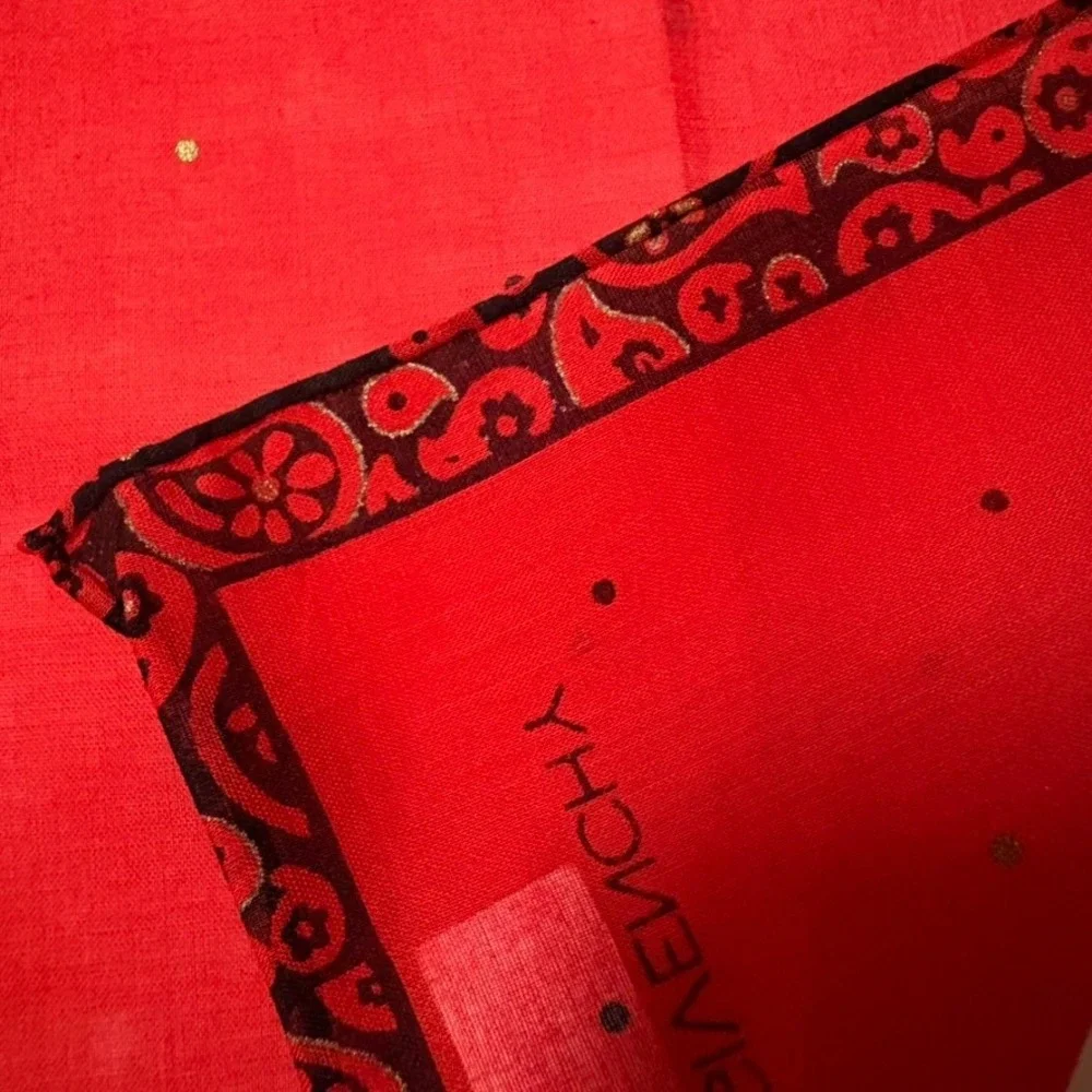 Vtg GIVENCHY Scarf Handkerchief Polka Dot Paisley Cotton Red 17.5